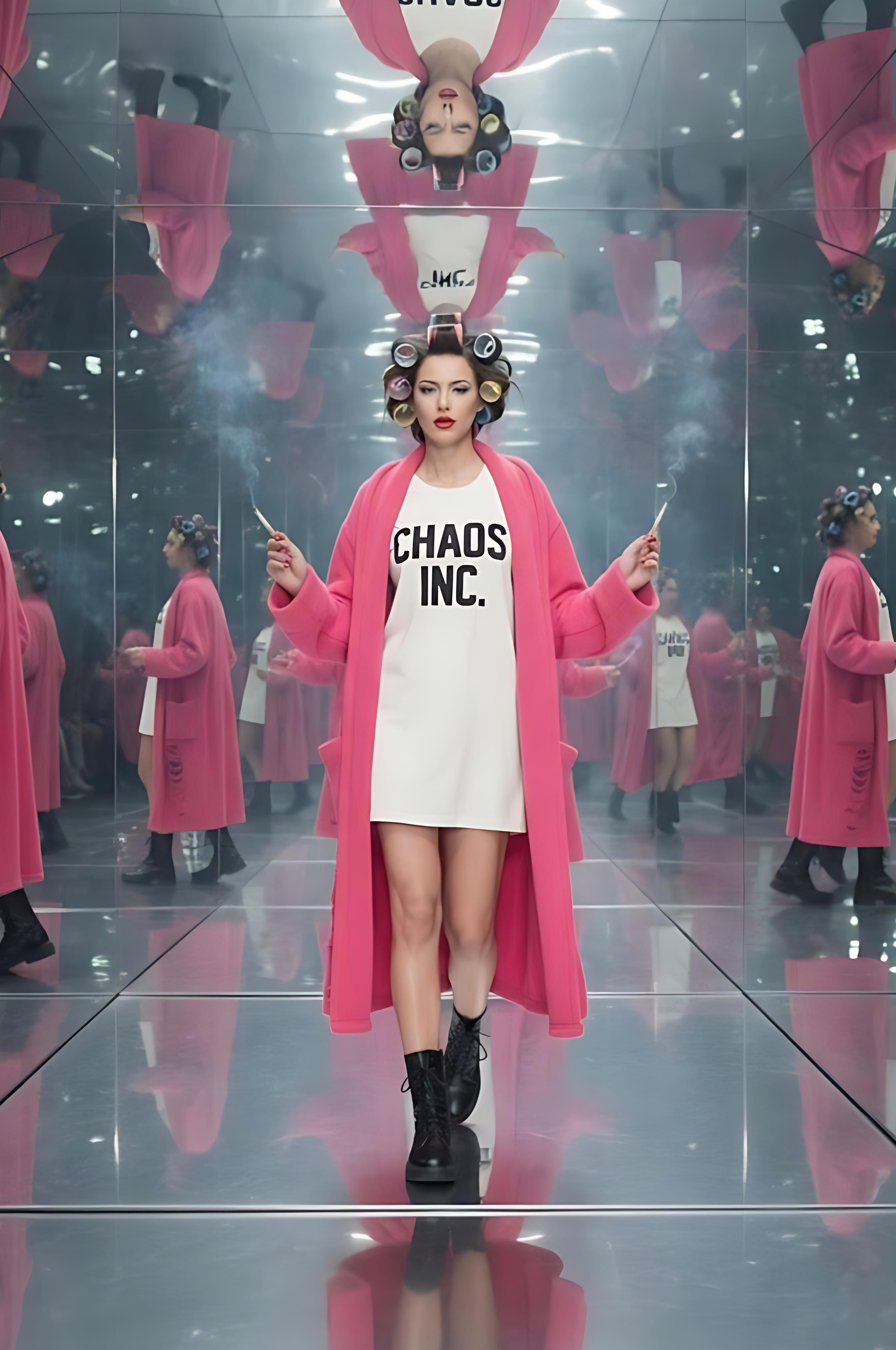 Person in a pink coat and white dress with 'CHAOS INC.' text in a reflective mirror room.